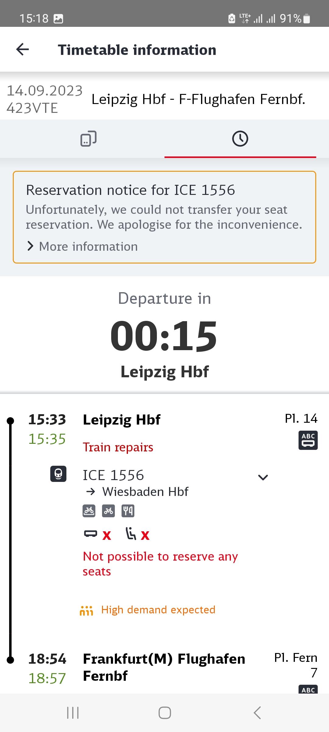 DB App showing the delay for my journey from Leipzig to Frankfurt Airport